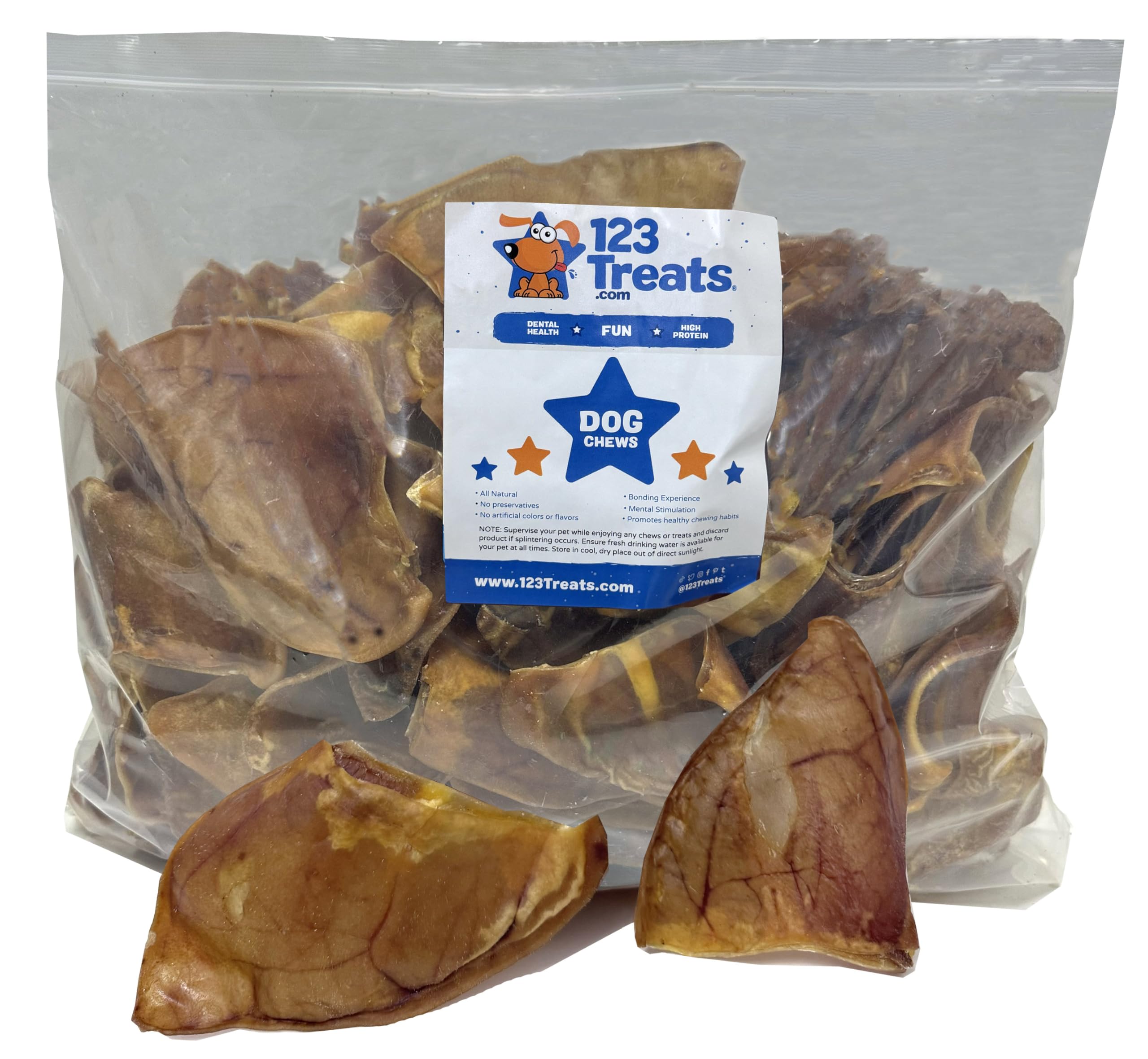 Oreilles de porc 123 Treats pour chien, plaisir durable et soutien dentaire potentiel.