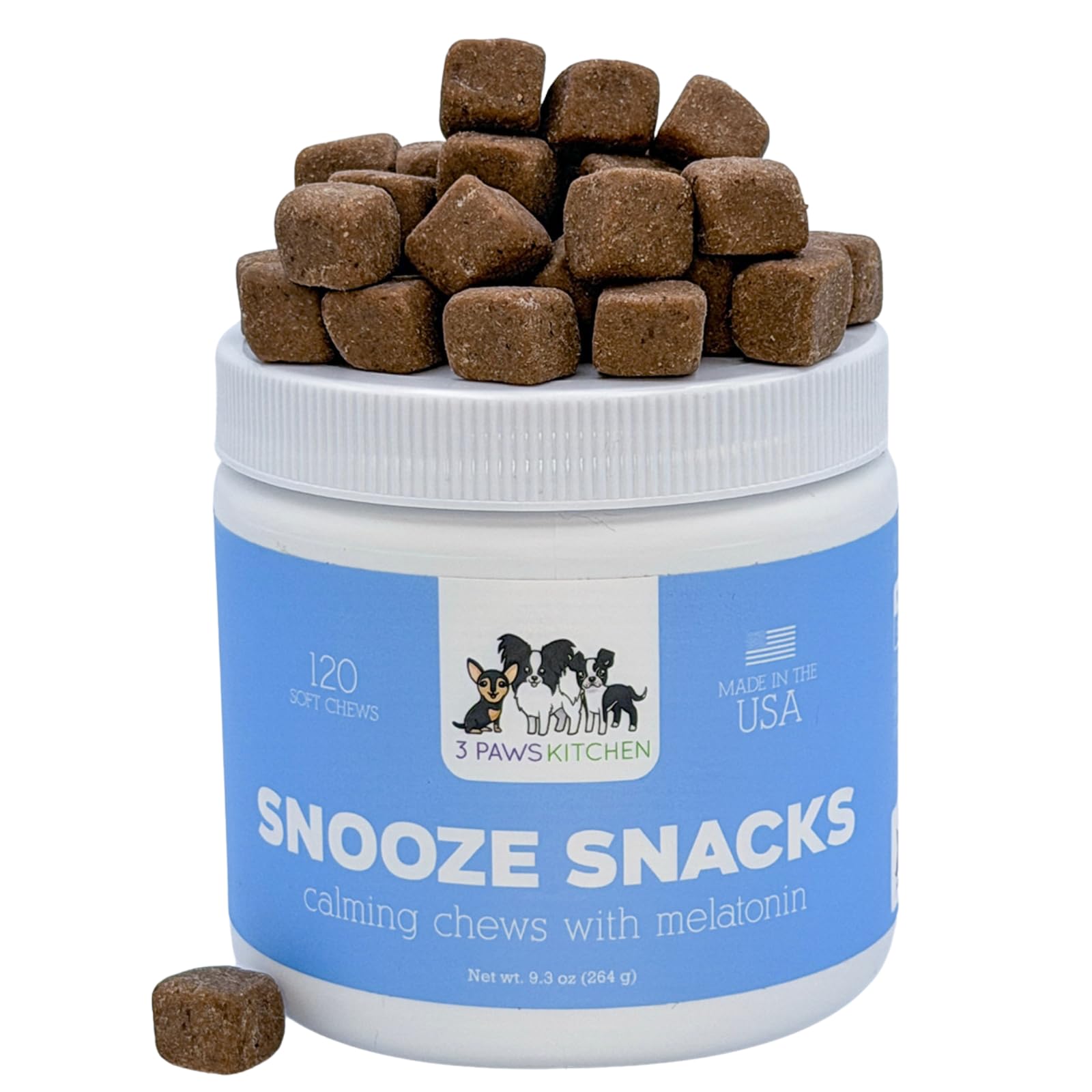 3 Paws Kitchen Snooze Snacks, friandises apaisantes pour chiens, calment naturellement.