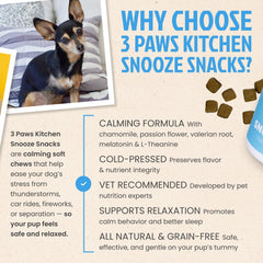 3 Paws Kitchen Snooze Snacks, emballage pratique, facile à emporter en promenade.