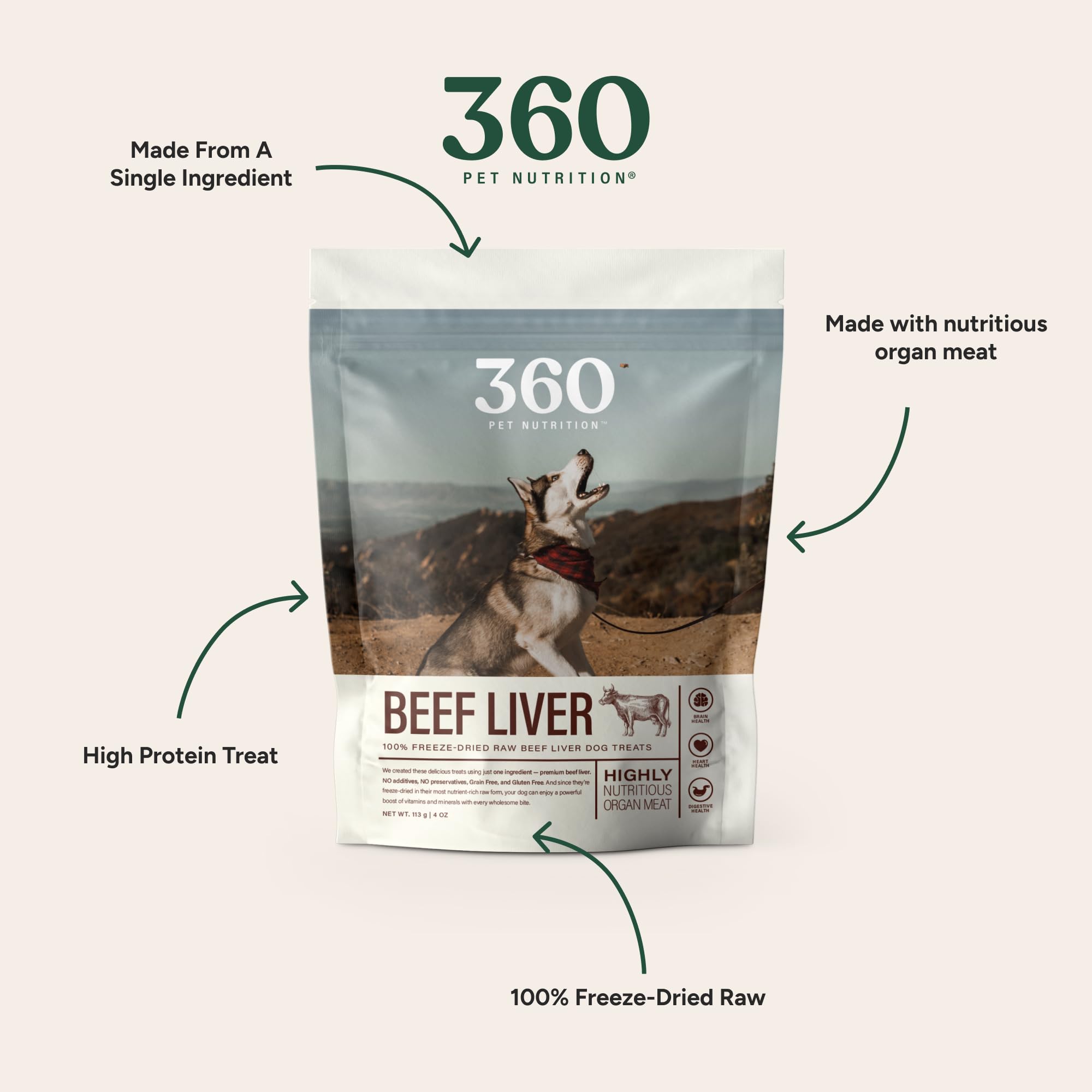 Bouchées foie de bœuf lyophilisé 360 Pet Nutrition, ingrédient unique