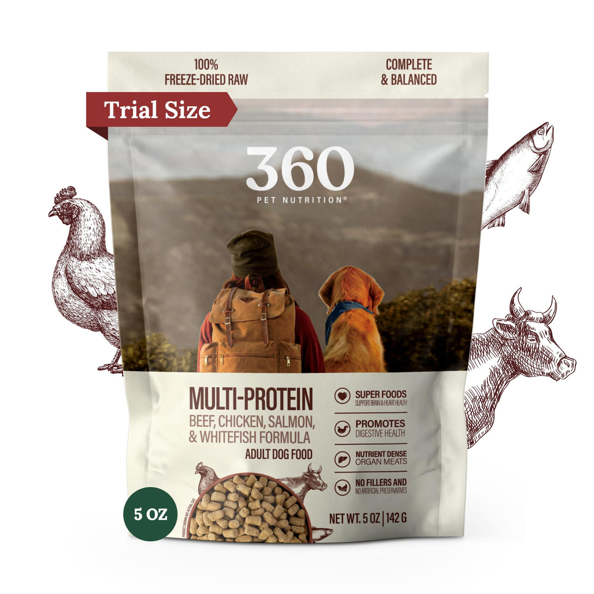 360 Pet Nutrition emballage d'aliments crus lyophilisés, pratique et stockage facilité