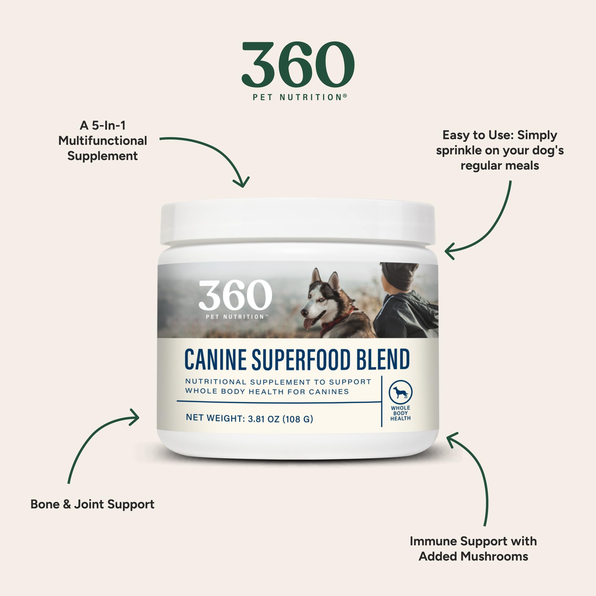 360 Pet Nutrition Canine Superfood Boost : mélange 5-en-1 pour une nutrition équilibrée
