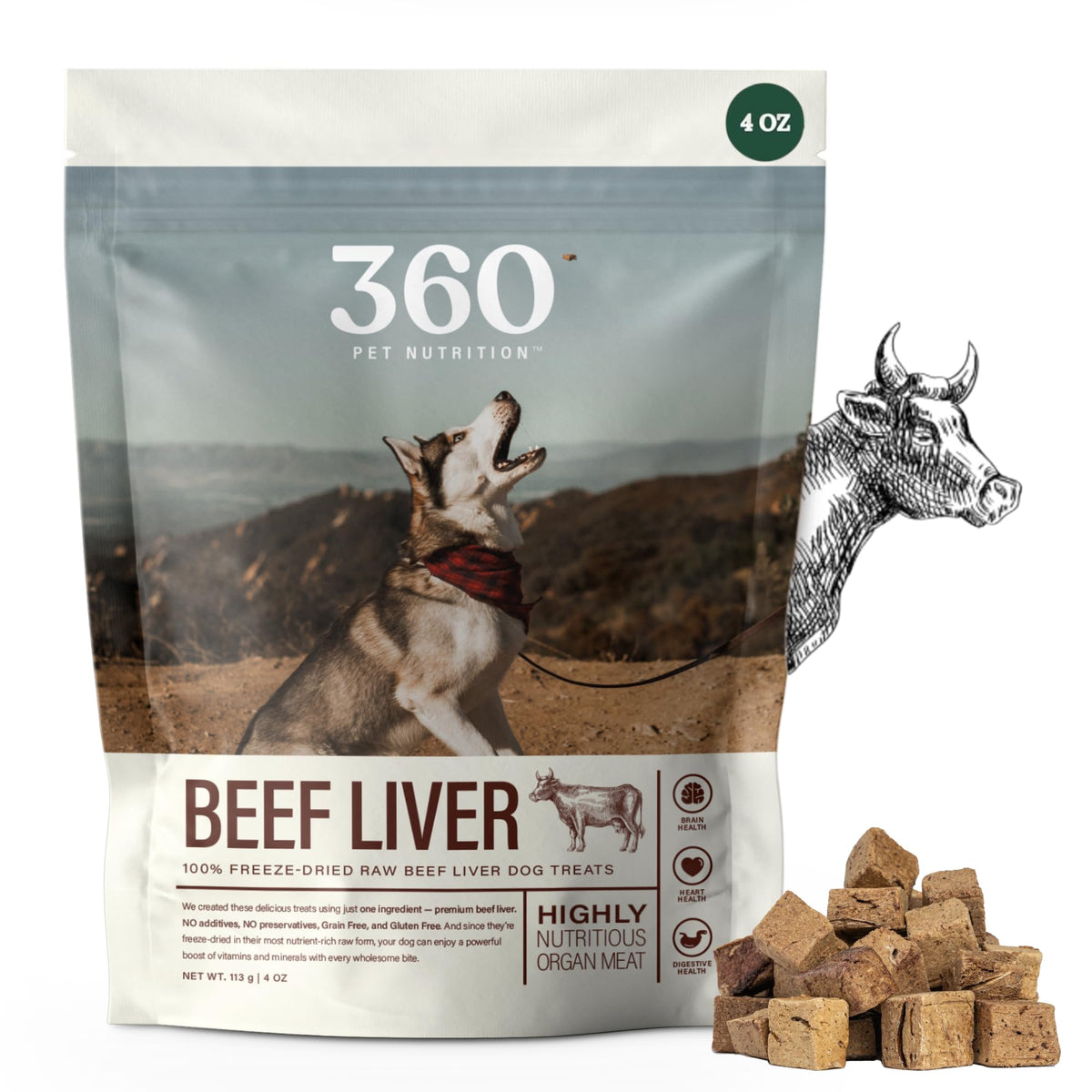 Friandise 360 Pet Nutrition au foie de bœuf lyophilisé, bouchées protéinées pour chien