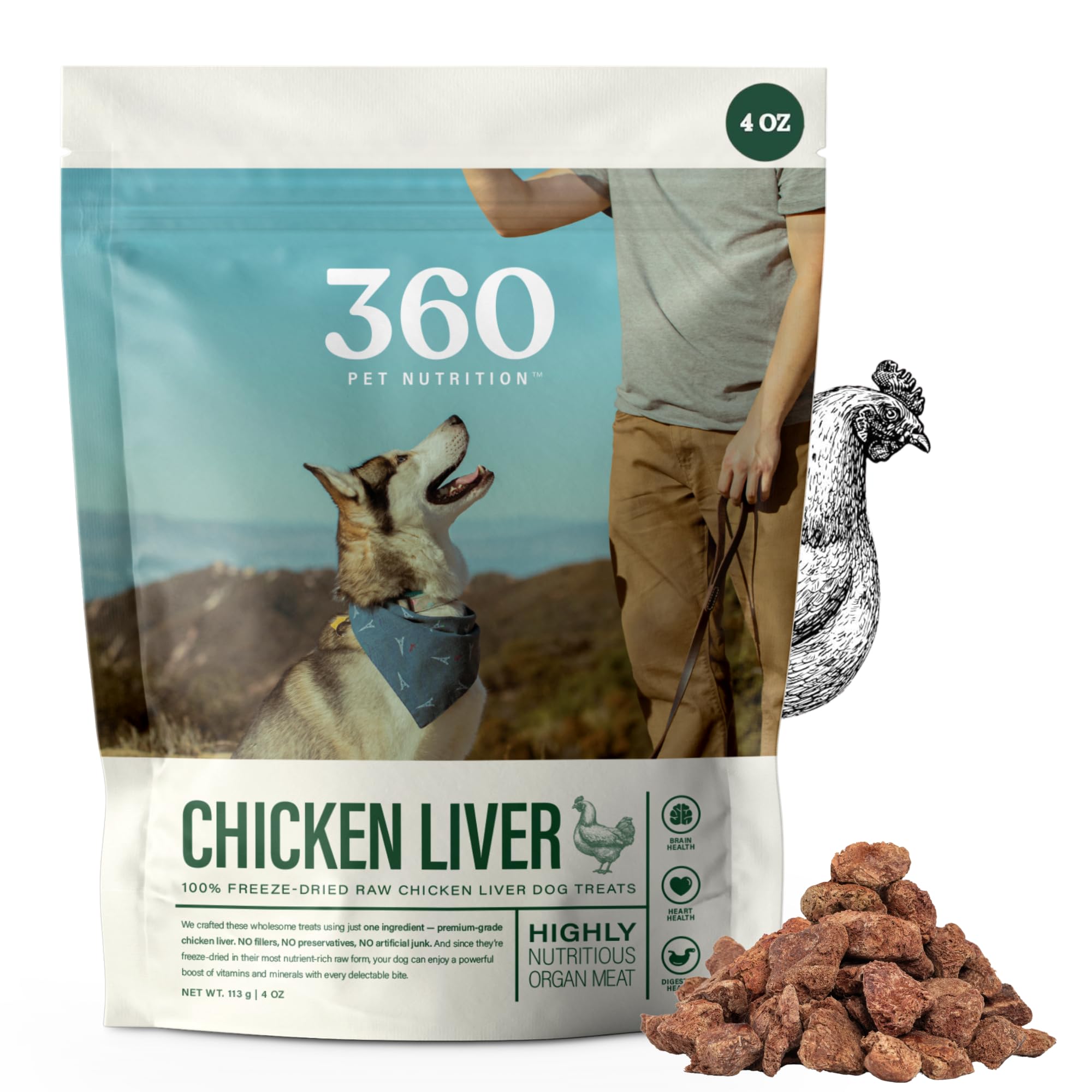 360 Pet Nutrition foie de poulet séché pour chien, riche en protéines naturelles.