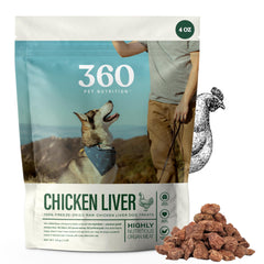 360 Pet Nutrition foie de poulet séché pour chien, riche en protéines naturelles.