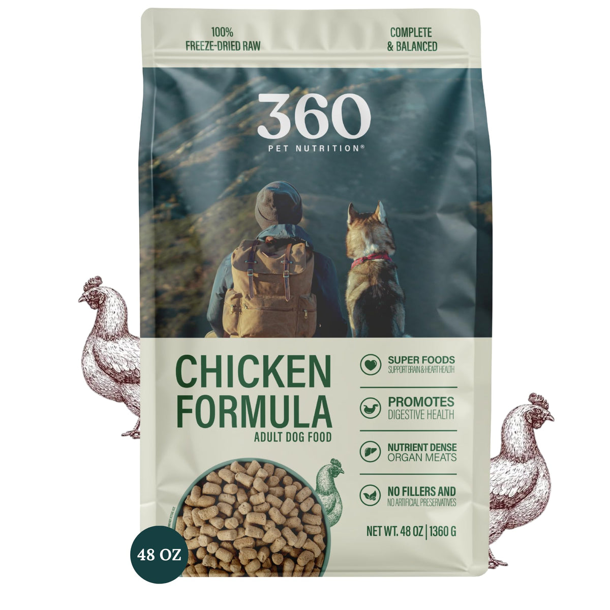 360 Pet Nutrition - poulet foie et organes pour chiens actifs, source de protéines.