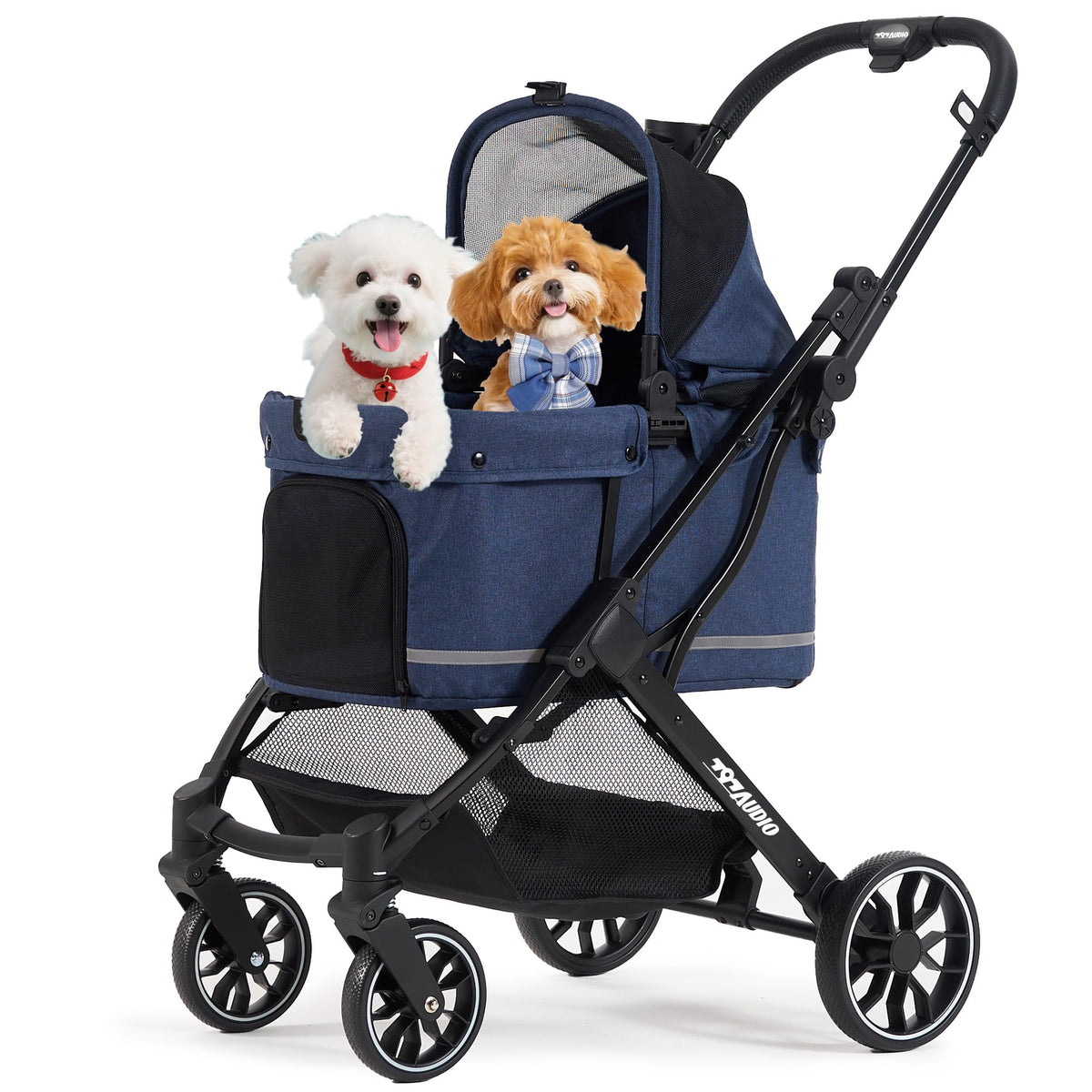 Poussette 797Audio pour chien bleu, structure solide pour balades en extérieur.