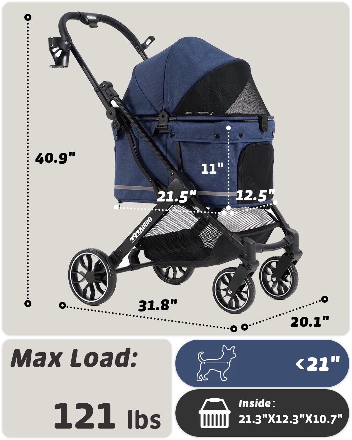 Poussette 797Audio, roues arrière 8 pouces absorbant les chocs, parcours variés.