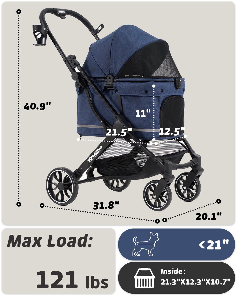 Poussette 797Audio, roues arrière 8 pouces absorbant les chocs, parcours variés.