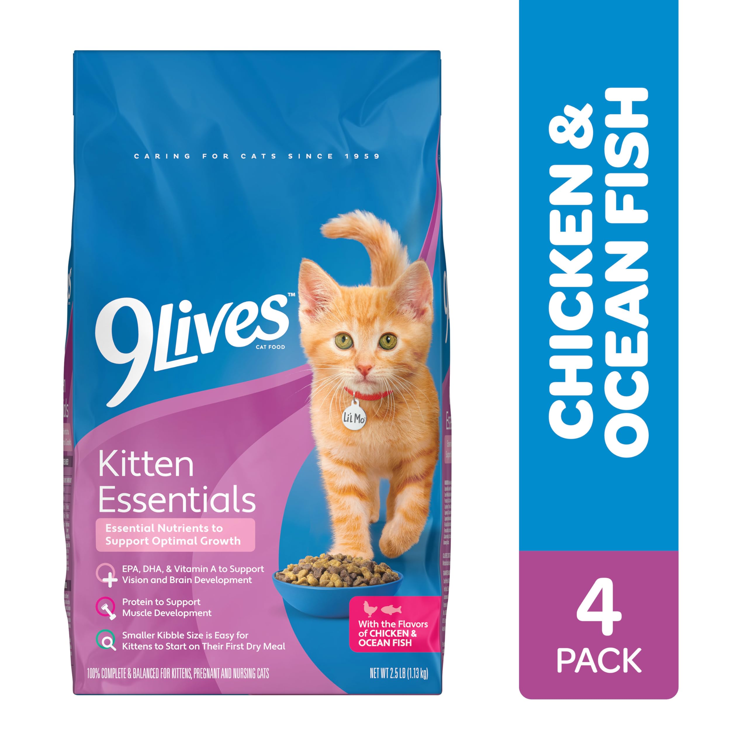 9Lives Essentiels Chaton – croquettes en gros plan, saveur poulet-poisson et protéines pour le développement
