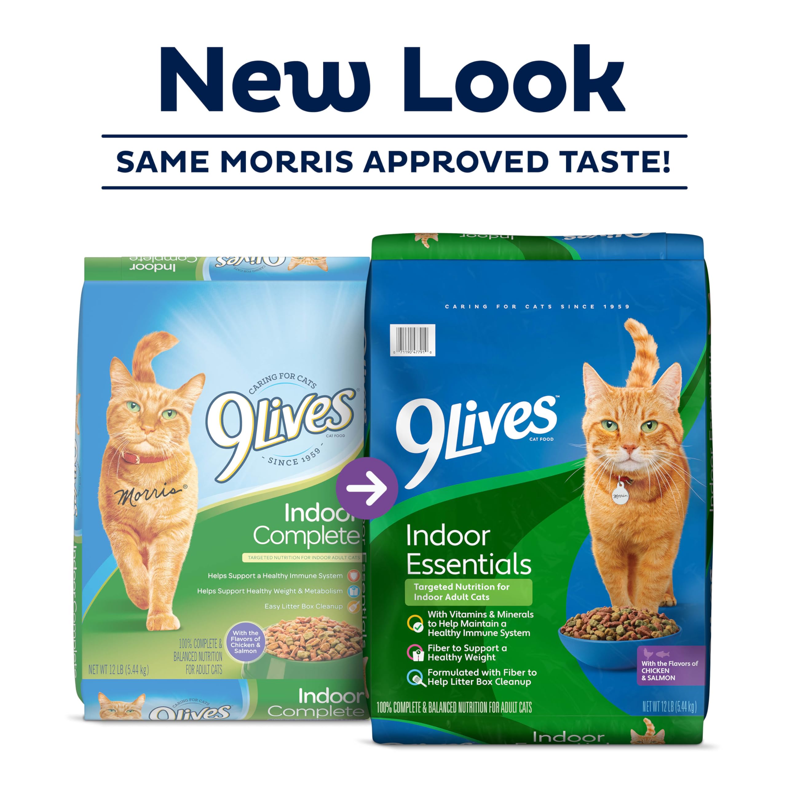 9Lives Indoor Essentials – croquettes poulet saumon, textures variées stimulant l'appétit des chats.