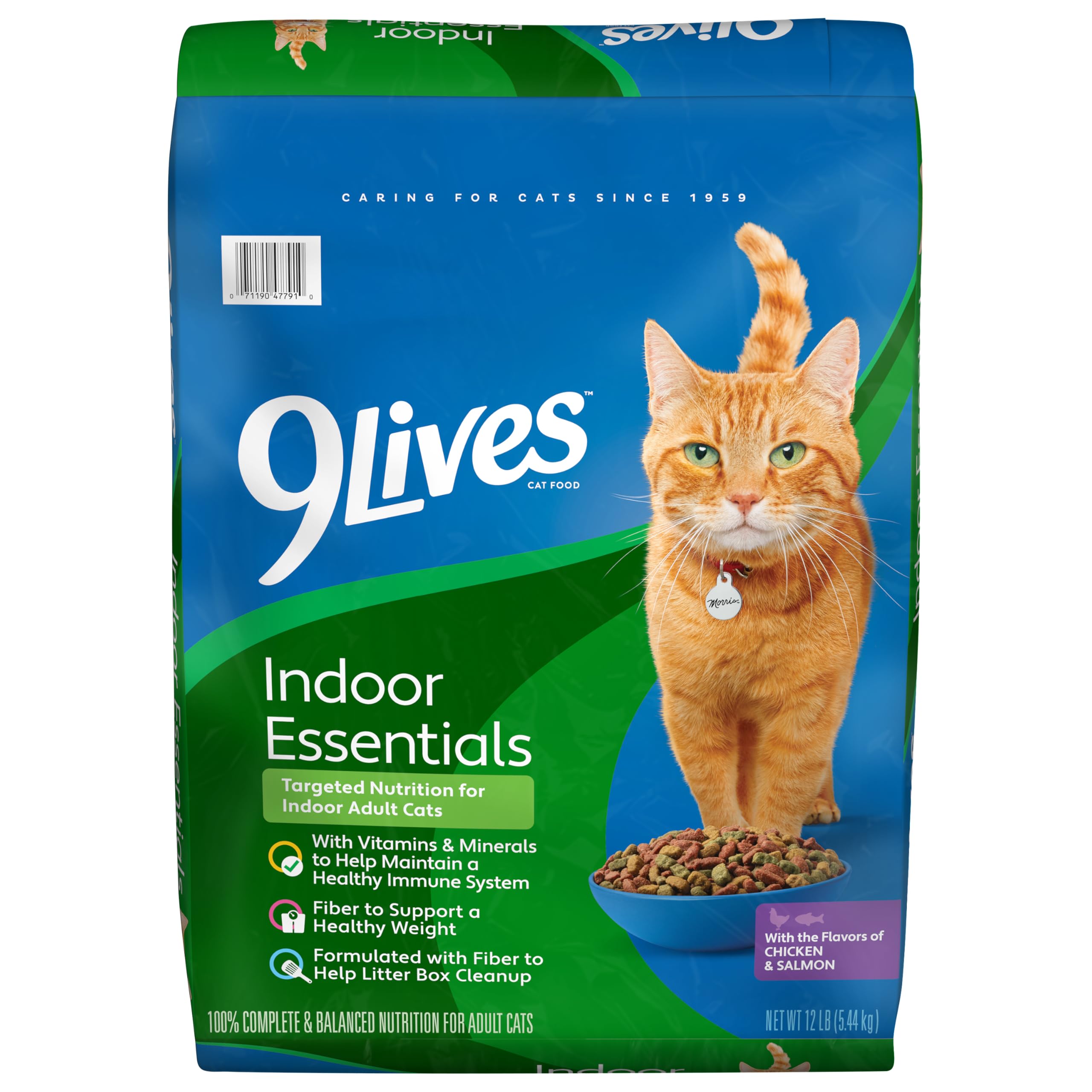 9Lives Indoor Essentials – sac de 12 livres avec croquettes poulet et saumon pour chats d'intérieur.