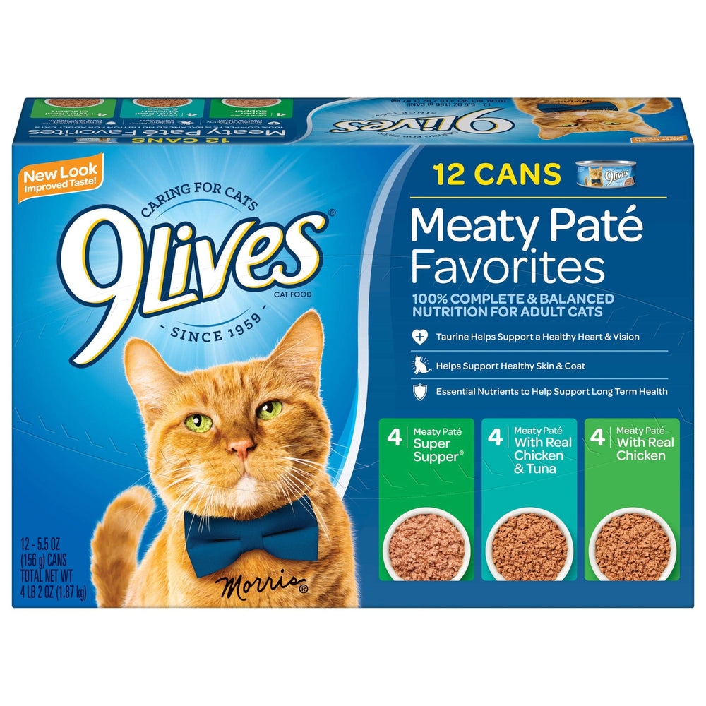 Ensemble varié 9Lives Paté Favorites pour varier les repas du chat.