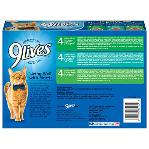 9Lives Paté au poulet et thon, 4 boîtes visibles, goût appétissant.