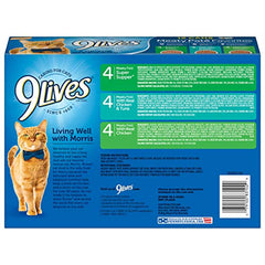 9Lives Paté au poulet et thon, 4 boîtes visibles, goût appétissant.