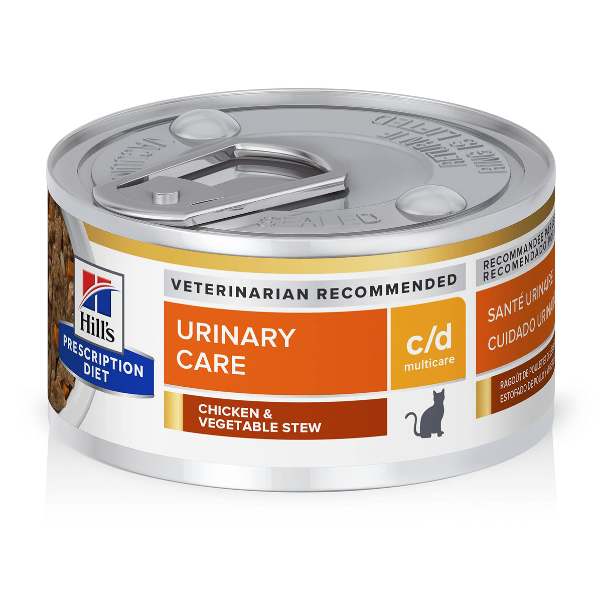 Hill's c/d Multicare en conserve, ragoût poulet-légumes, soutien urinaire potentiel pour chats adultes.