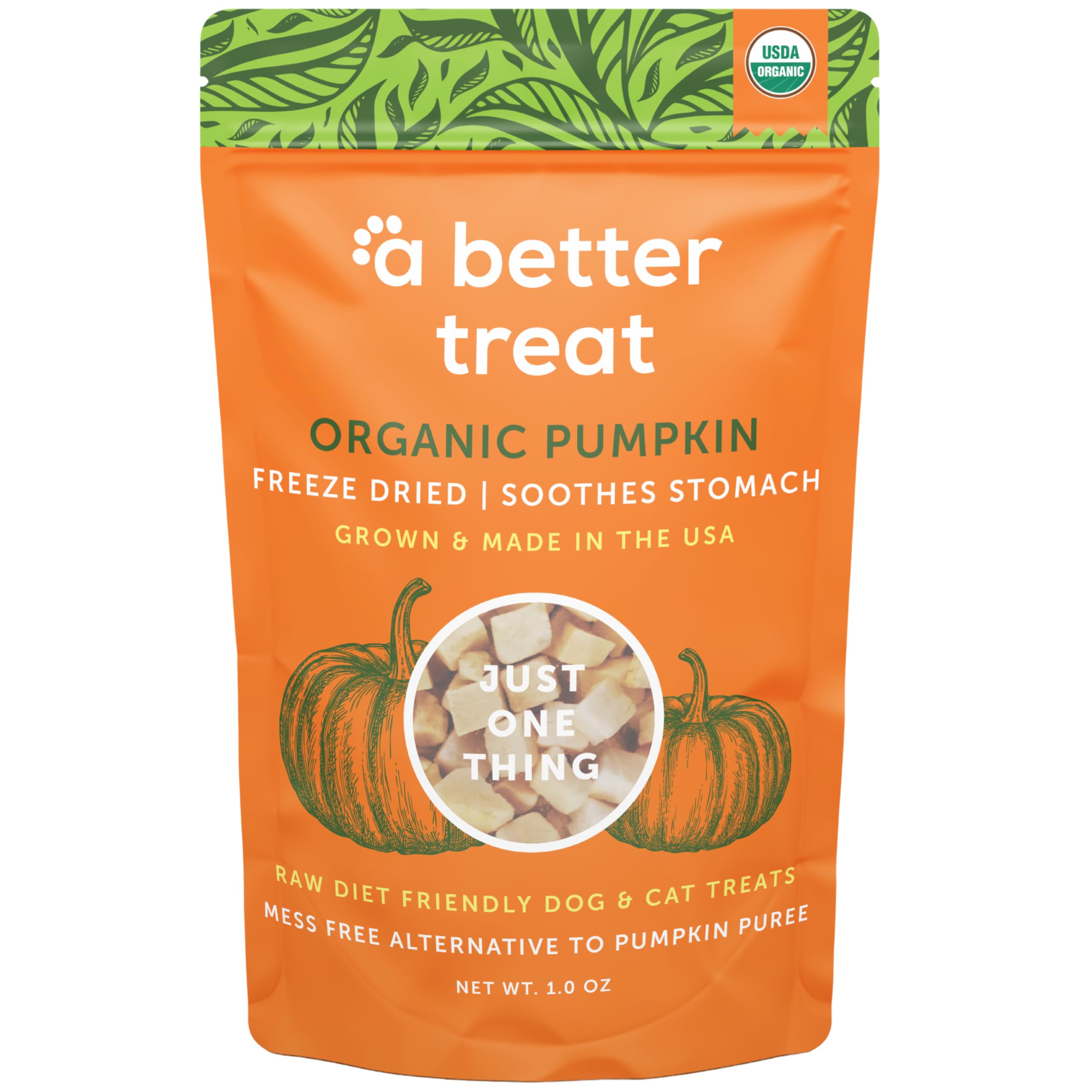 A Better Treat citrouille bio lyophilisée pour chien et chat, récompense naturelle et digestible.