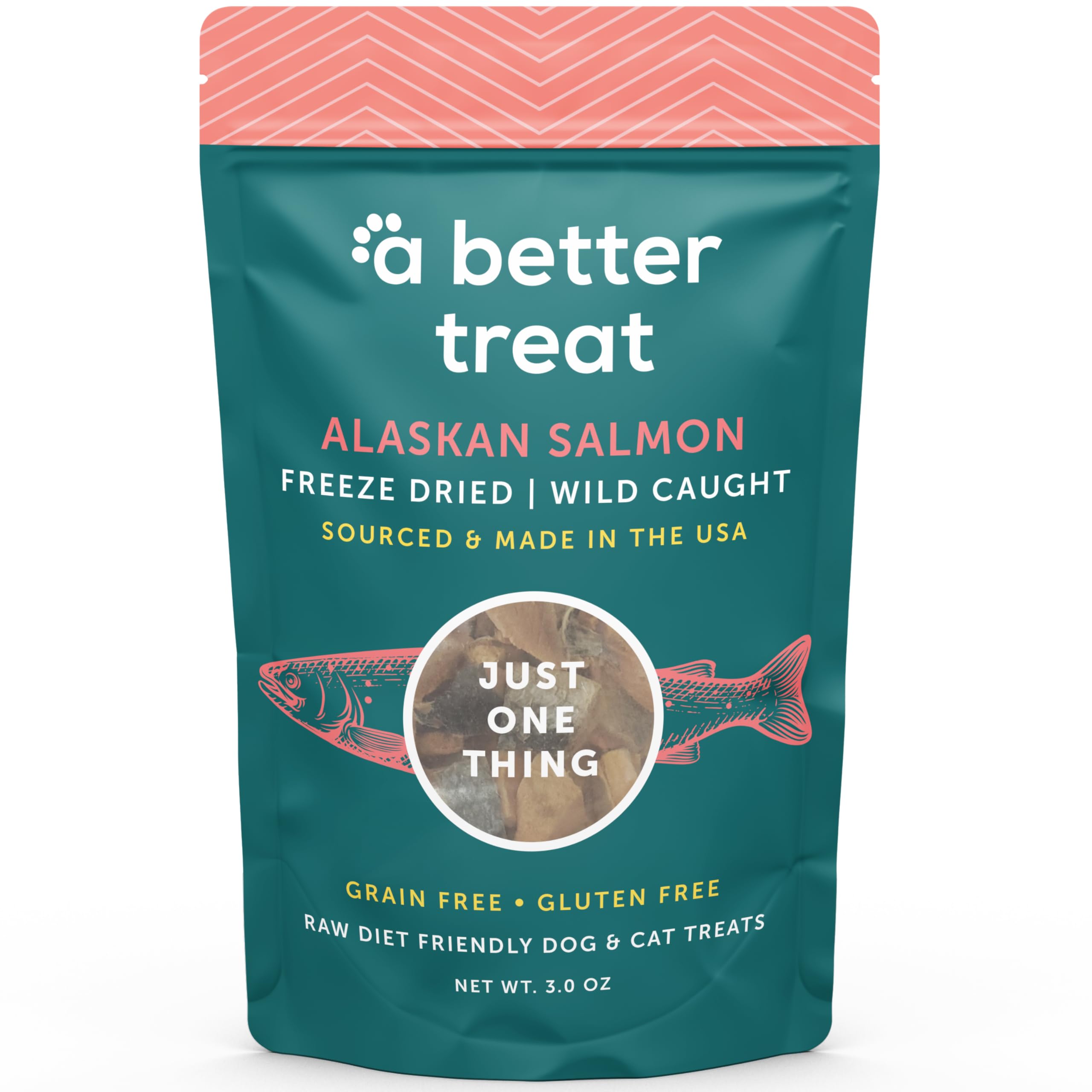 A Better Treat emballage saumon lyophilisé, récompense sans céréales adaptée à l’entraînement.