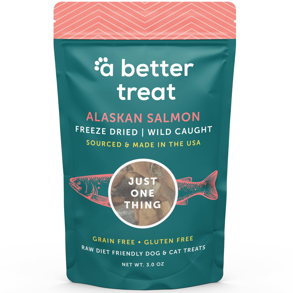 A Better Treat emballage saumon lyophilisé, récompense sans céréales adaptée à l’entraînement.