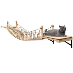 Étagère murale A.FATI et pont avec corde, espace élevé sûr pour chats actifs.