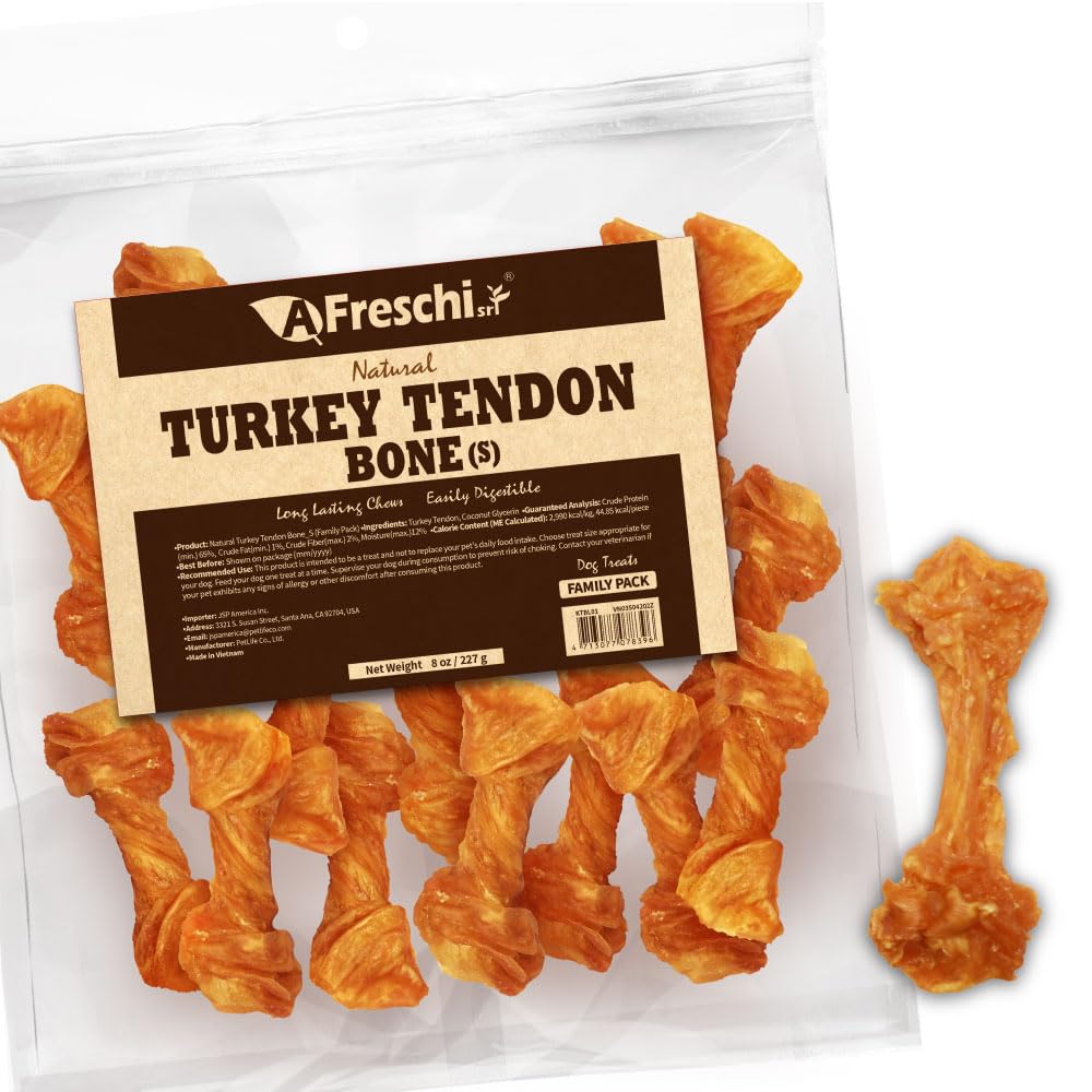 Tendons de dinde pour chien A Freschi srl dans le paquet 8 oz, friandise protéinée naturelle.