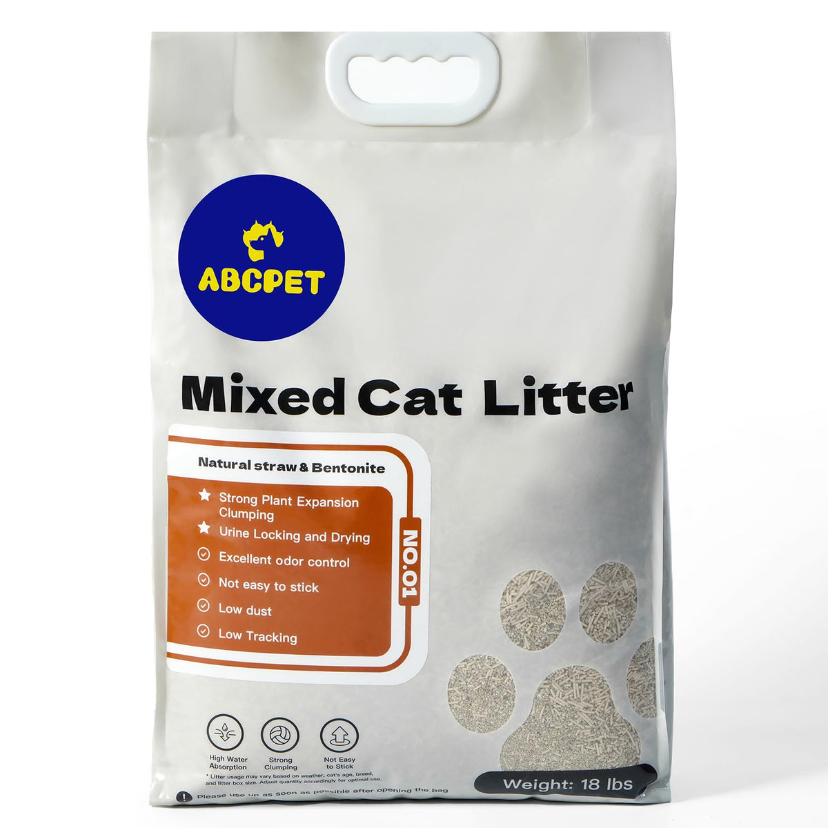 ABCPET litière naturelle pour chat, emballage 18 livres, prêt à l'emploi et pratique.