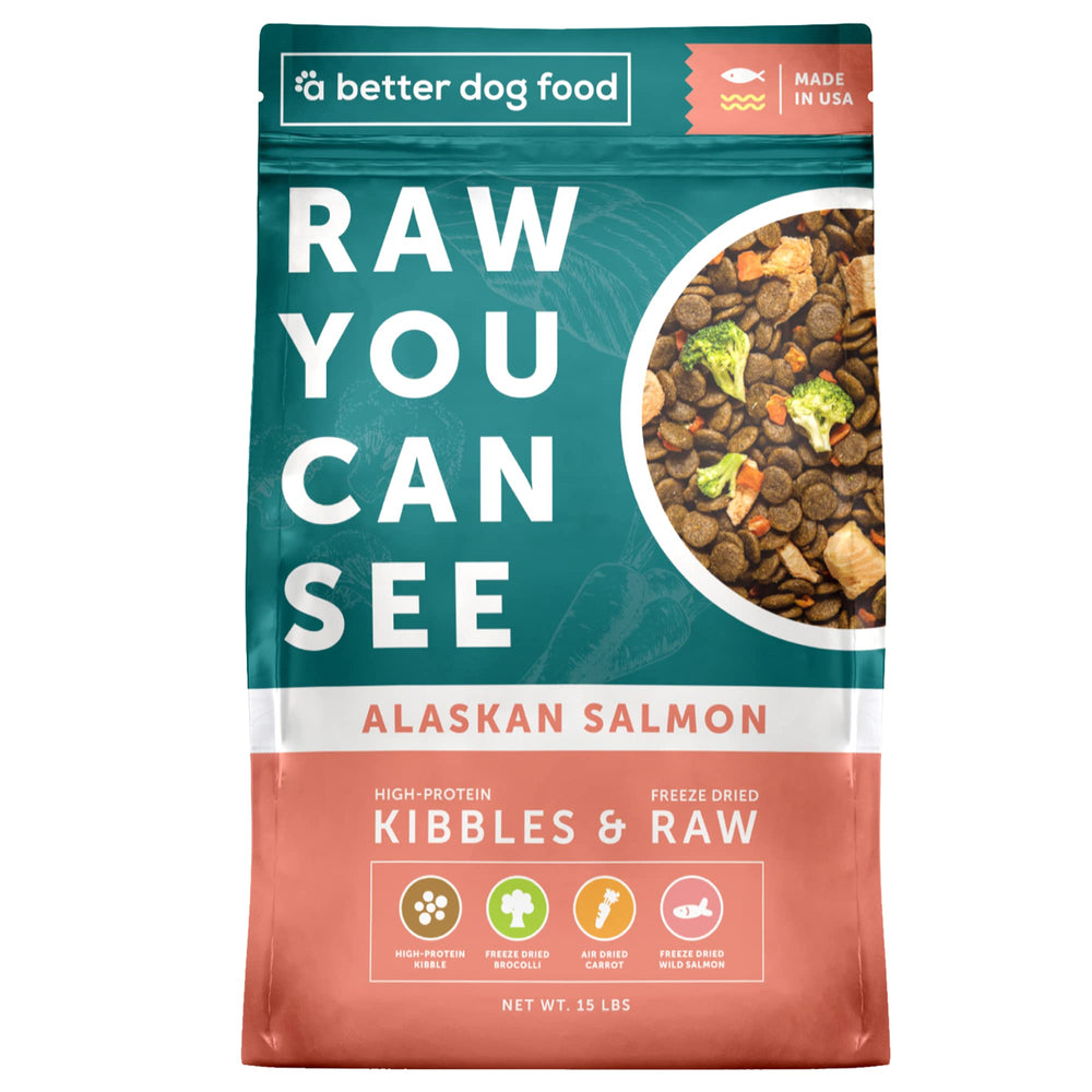 A Better Dog Food croquettes au saumon pour peau saine et pelage brillant.