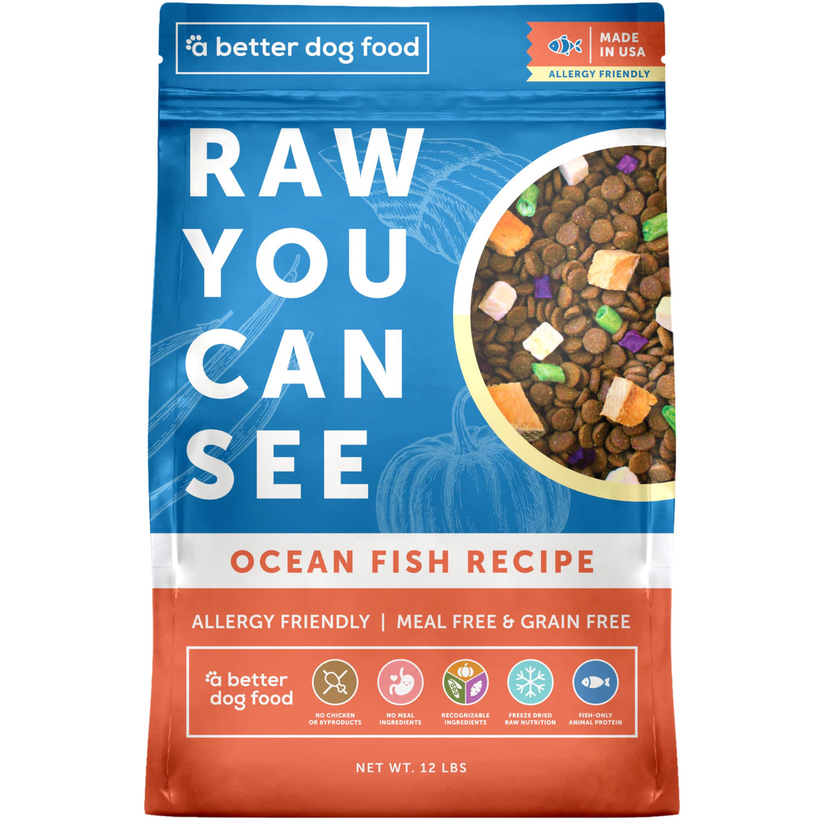 A Better Treat Ocean Blend – sachet visible avec ingrédients complets et sans poulet.