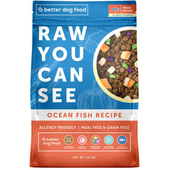 A Better Treat Ocean Blend – sachet visible avec ingrédients complets et sans poulet.