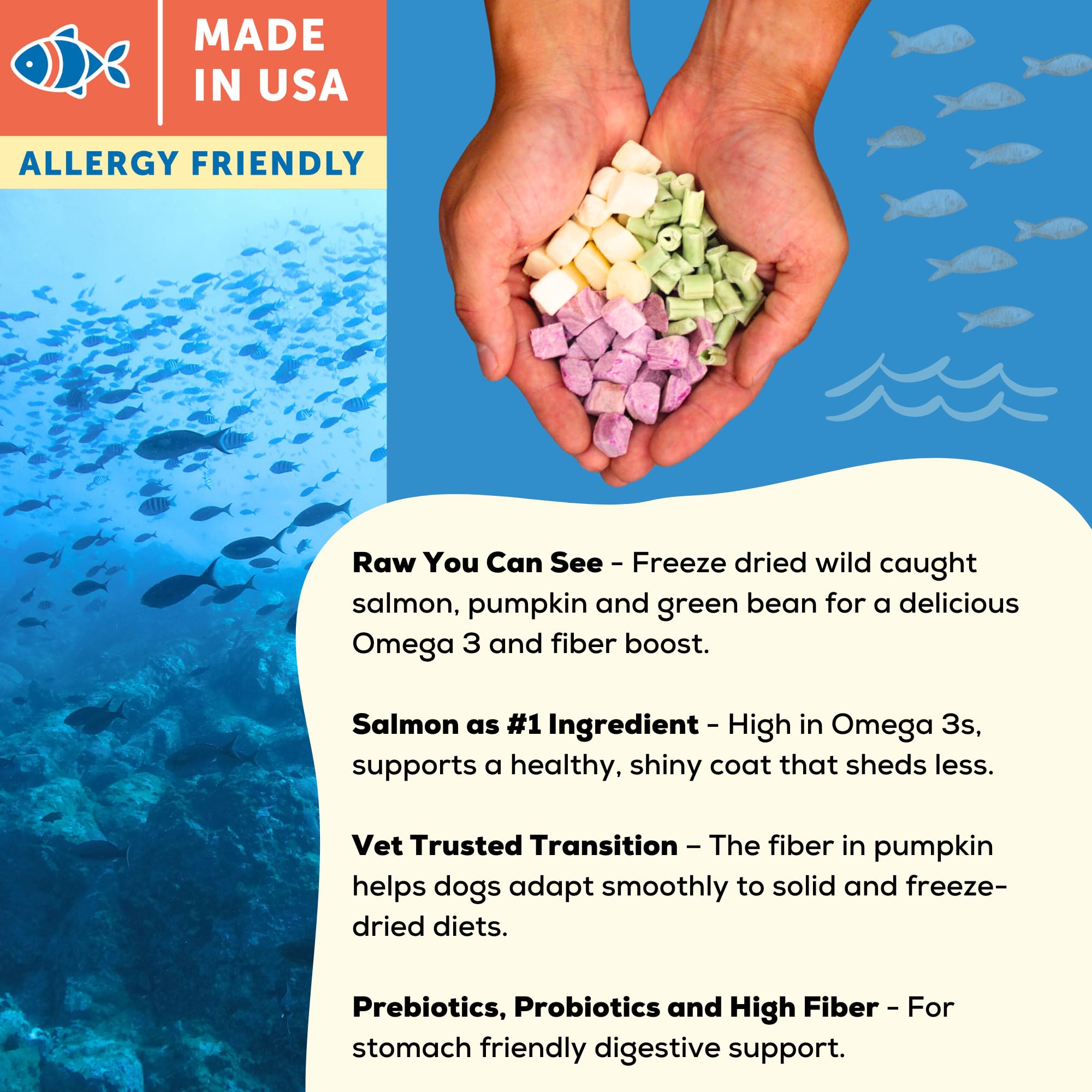 A Better Treat Ocean Blend – morceaux lyophilisés et haricots verts visibles pour des nutriments riches.