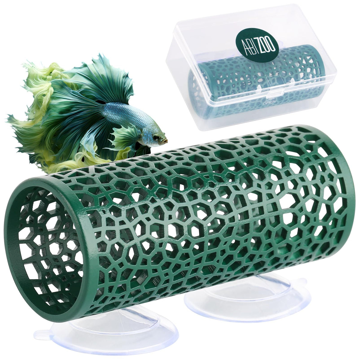 Abizoo Betta Tunnel creux vert foncé, espace sûr pour petits poissons et crevettes.