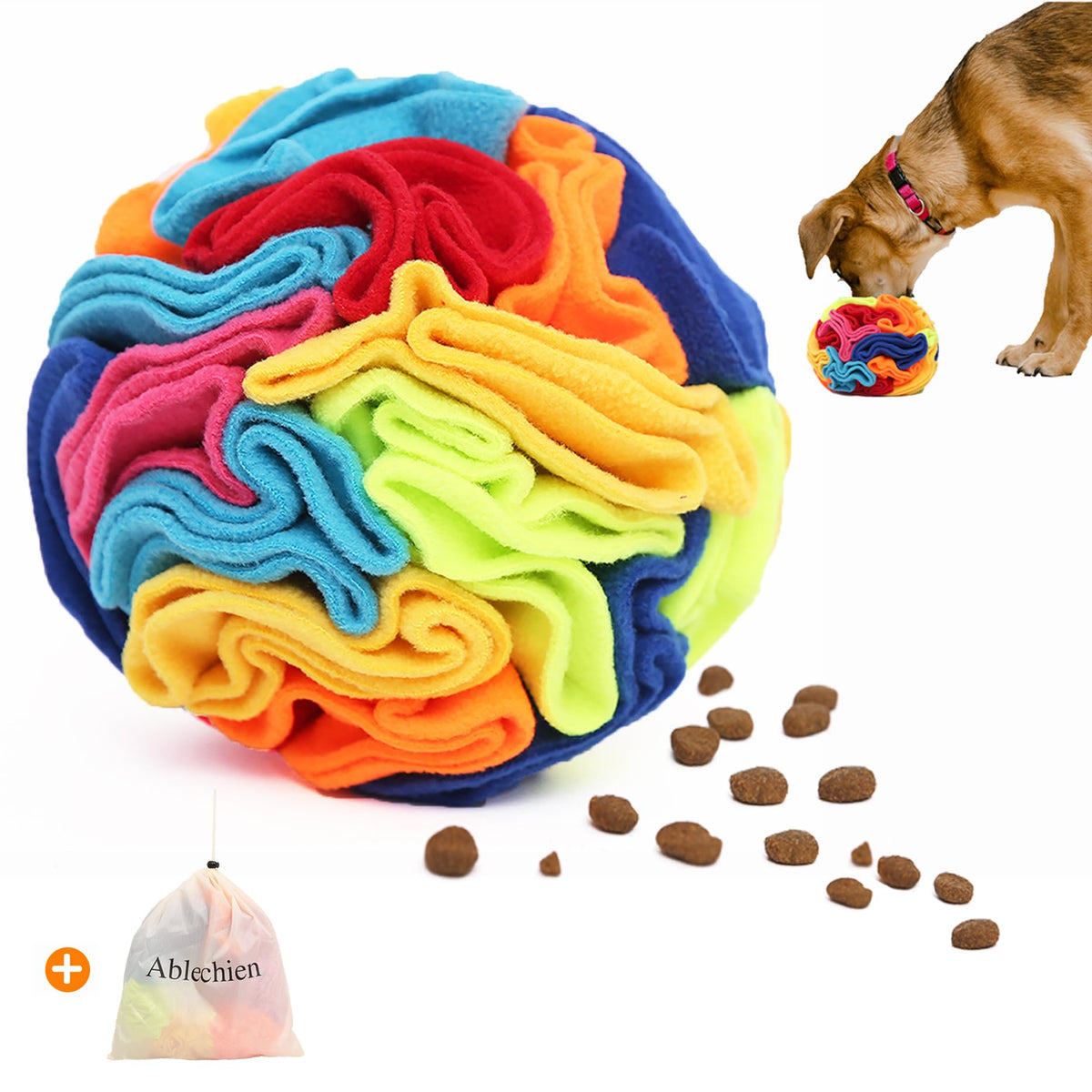 Ablechien Snuffle Ball : balle interactive ouverte avec friandises cachées.