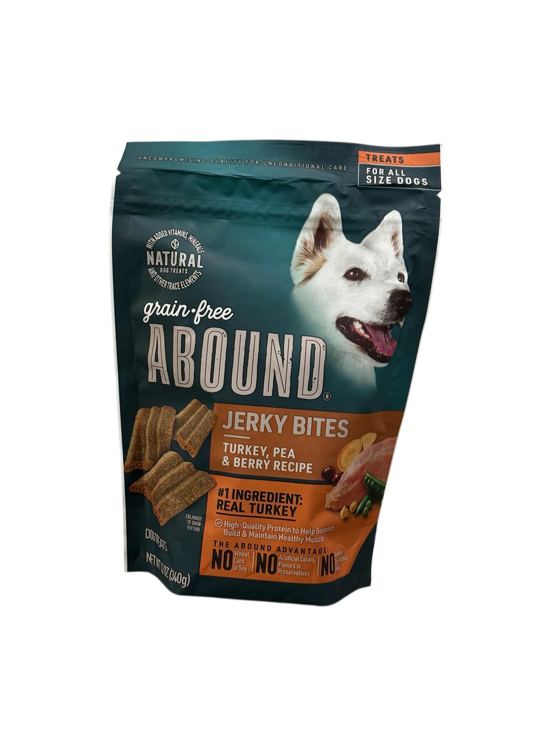 Abound bouchées dinde séchée pellet dans le sac, friandise savoureuse pour chien.