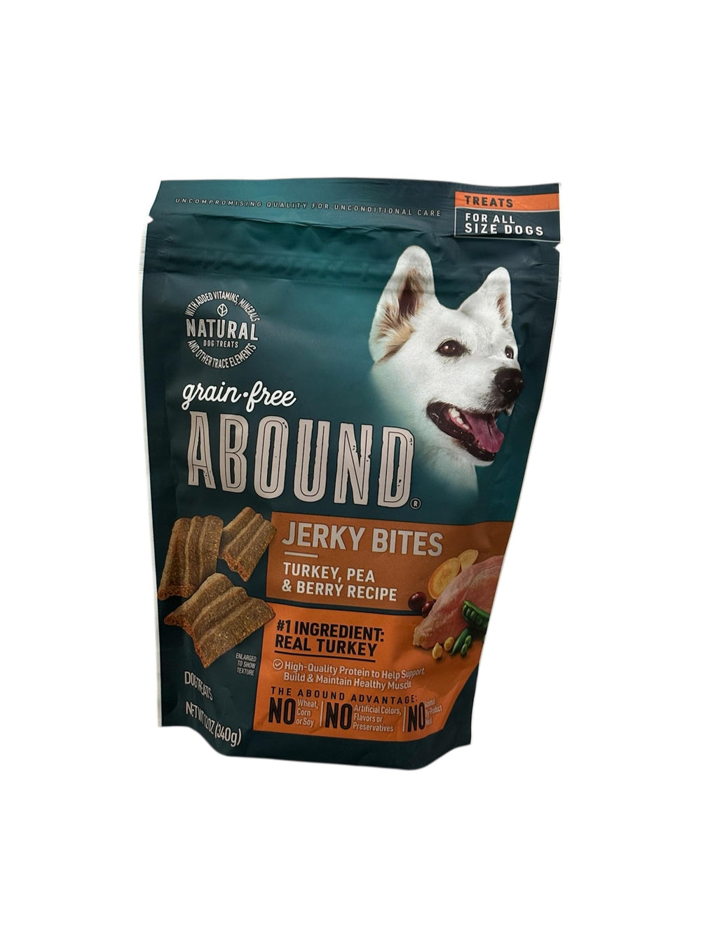 Abound bouchées dinde séchée pellet dans le sac, friandise savoureuse pour chien.