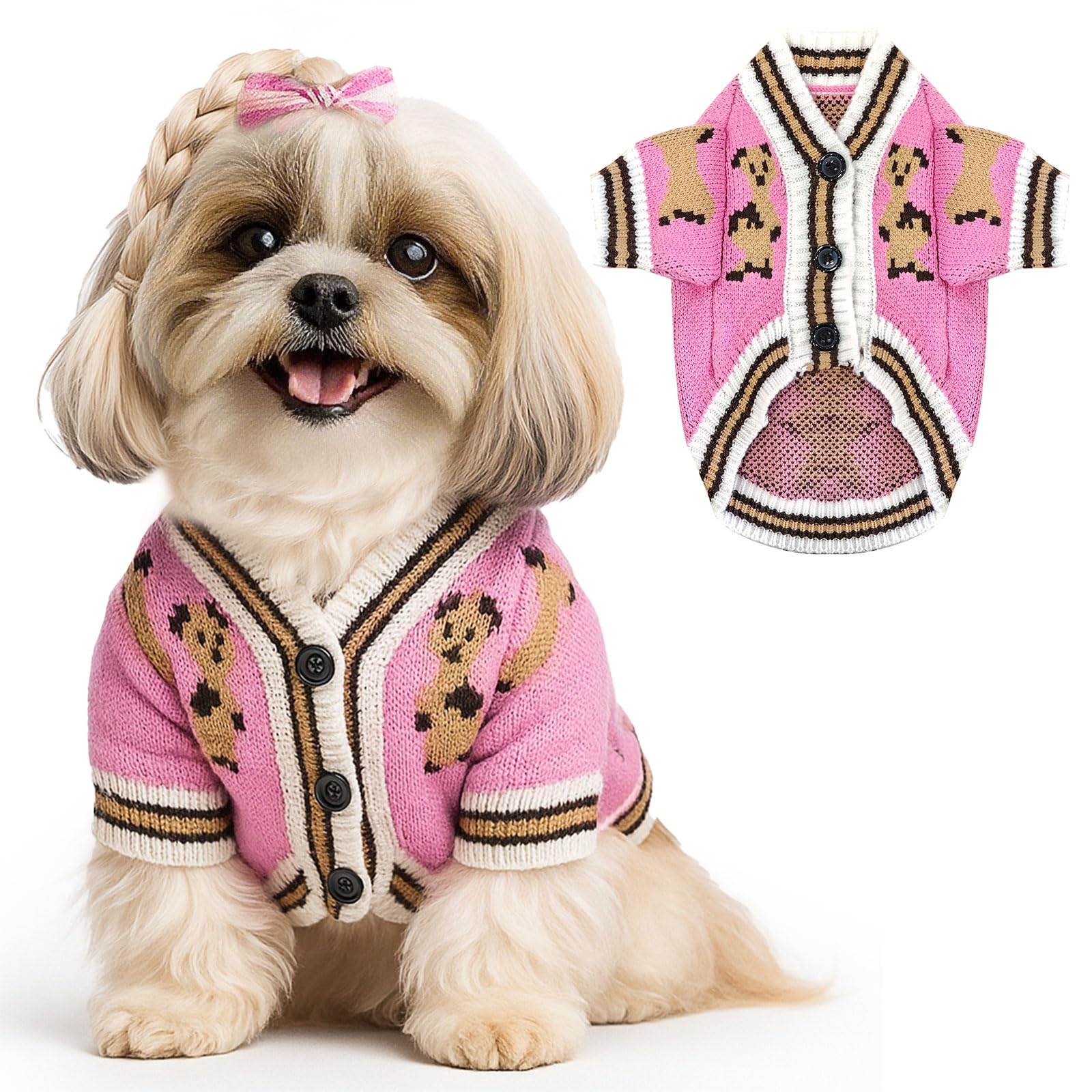 Pull ABRRLO pour chien avec motif ours rose, chaleur et style hivernal.