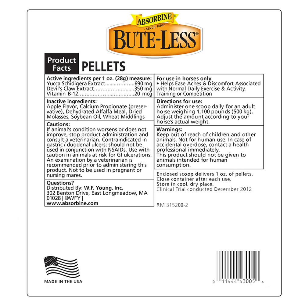 Absorbine Bute-Less pellets appétents: granules faciles à donner.
