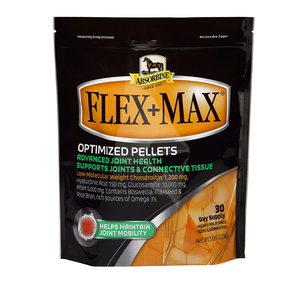 Absorbine Flex+Max granulés cheval dans l'emballage, soutien potentiel à la mobilité.