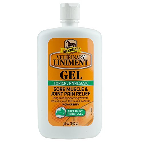 Absorbine liniment vétérinaire gel — bouteille visible pour les soins locaux des animaux.