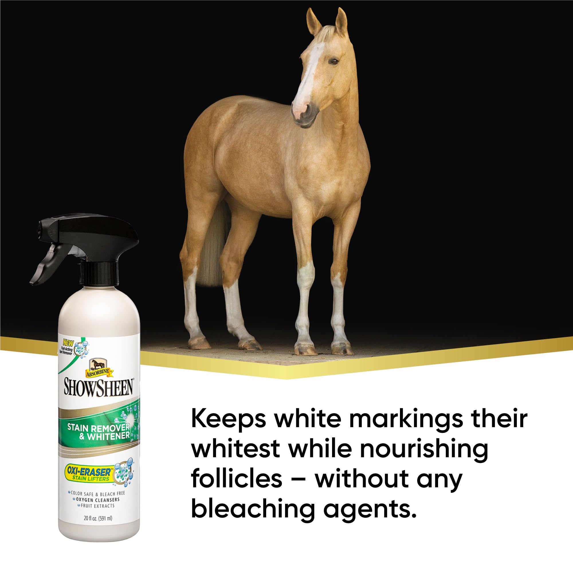 Absorbine ShowSheen – application sur le poil pour faciliter le retrait des résidus.