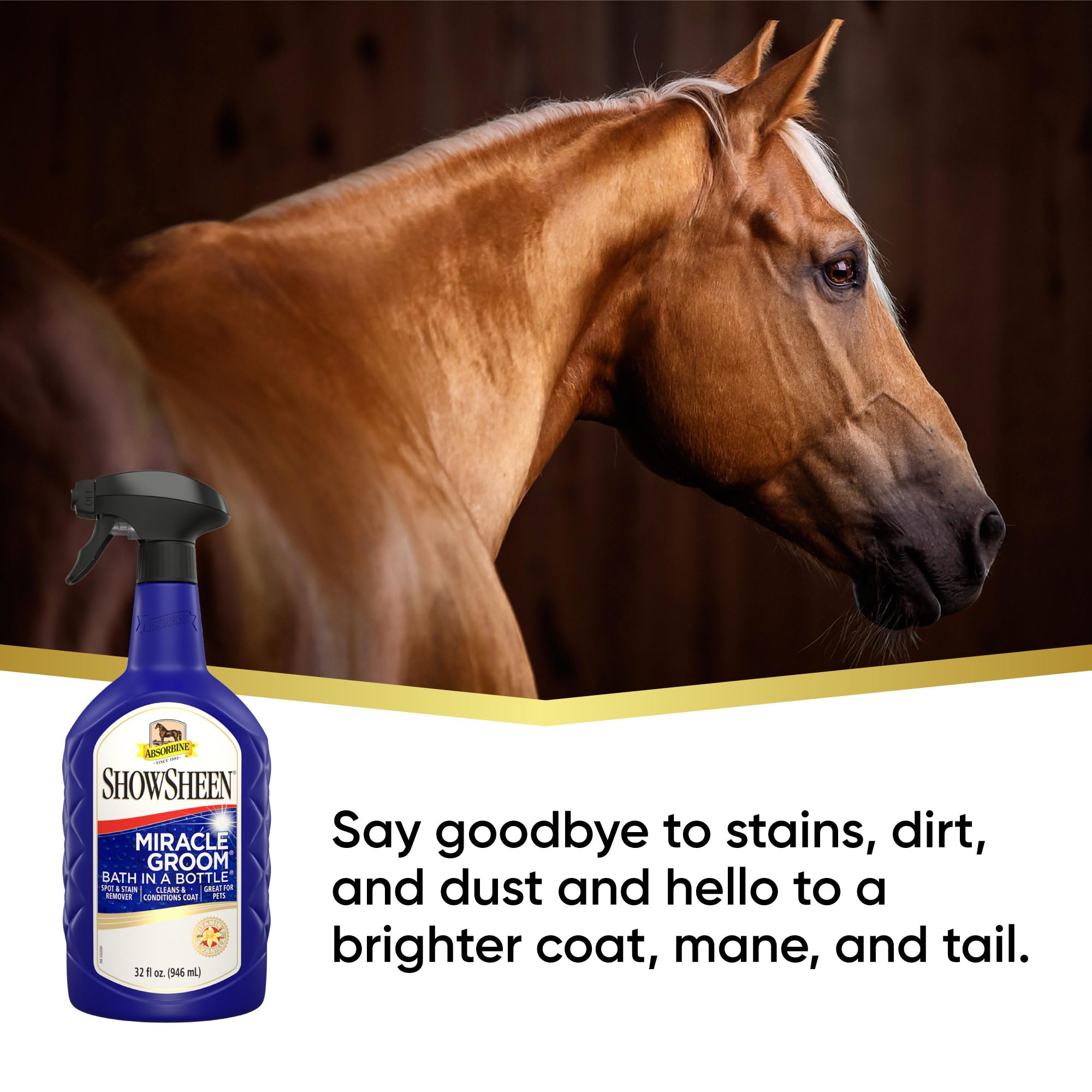 Absorbine ShowSheen Miracle Groom application en aérosol pour faciliter le soin du pelage.