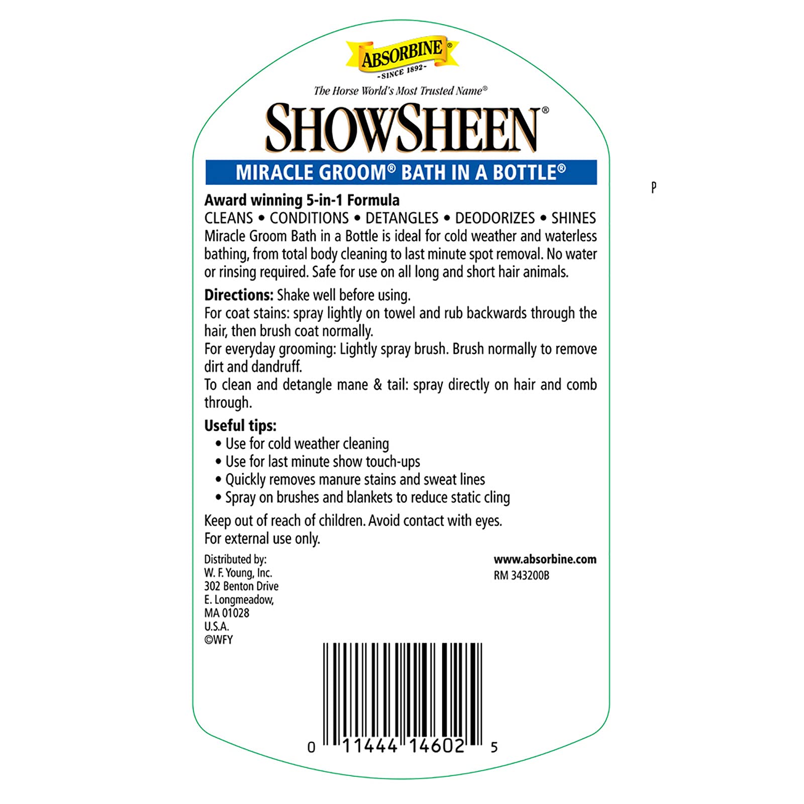 Absorbine ShowSheen Miracle Groom adapté pour chevaux et chiens, poils courts et longs.