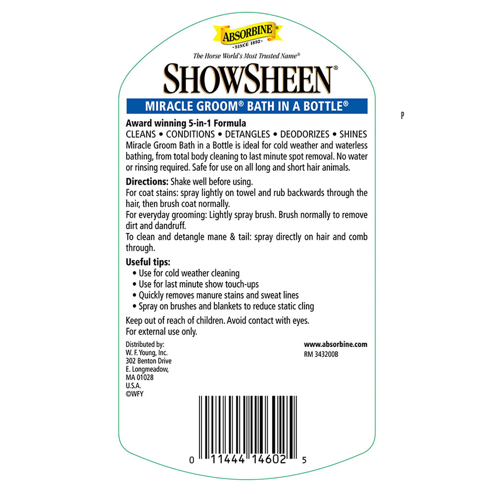Absorbine ShowSheen Miracle Groom adapté pour chevaux et chiens, poils courts et longs.