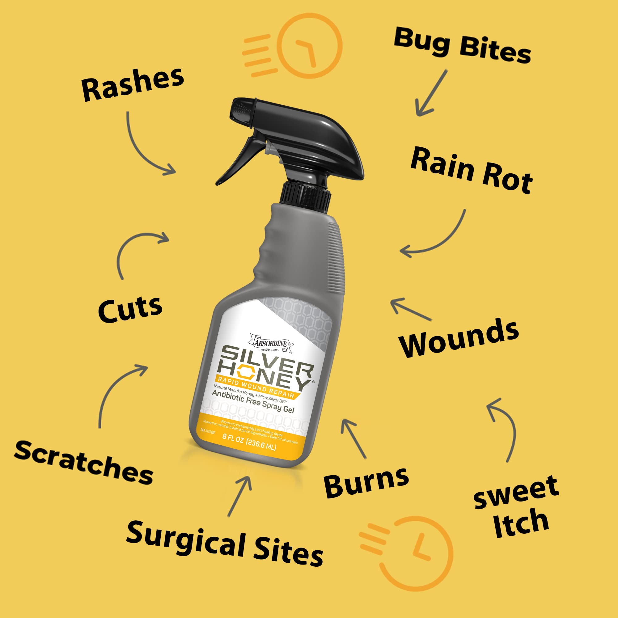 Absorbine Silver Honey sans antibiotique, formule douce pour la peau.