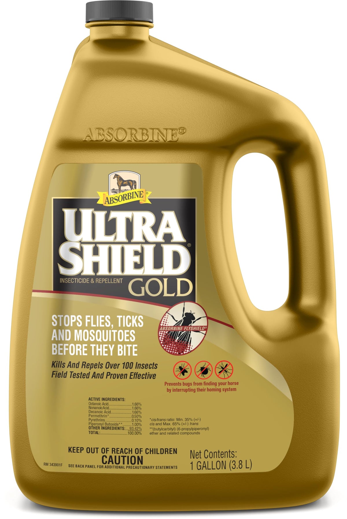 Absorbine UltraShield Gold, bouteille 128 oz, protège les insectes autour du cheval.