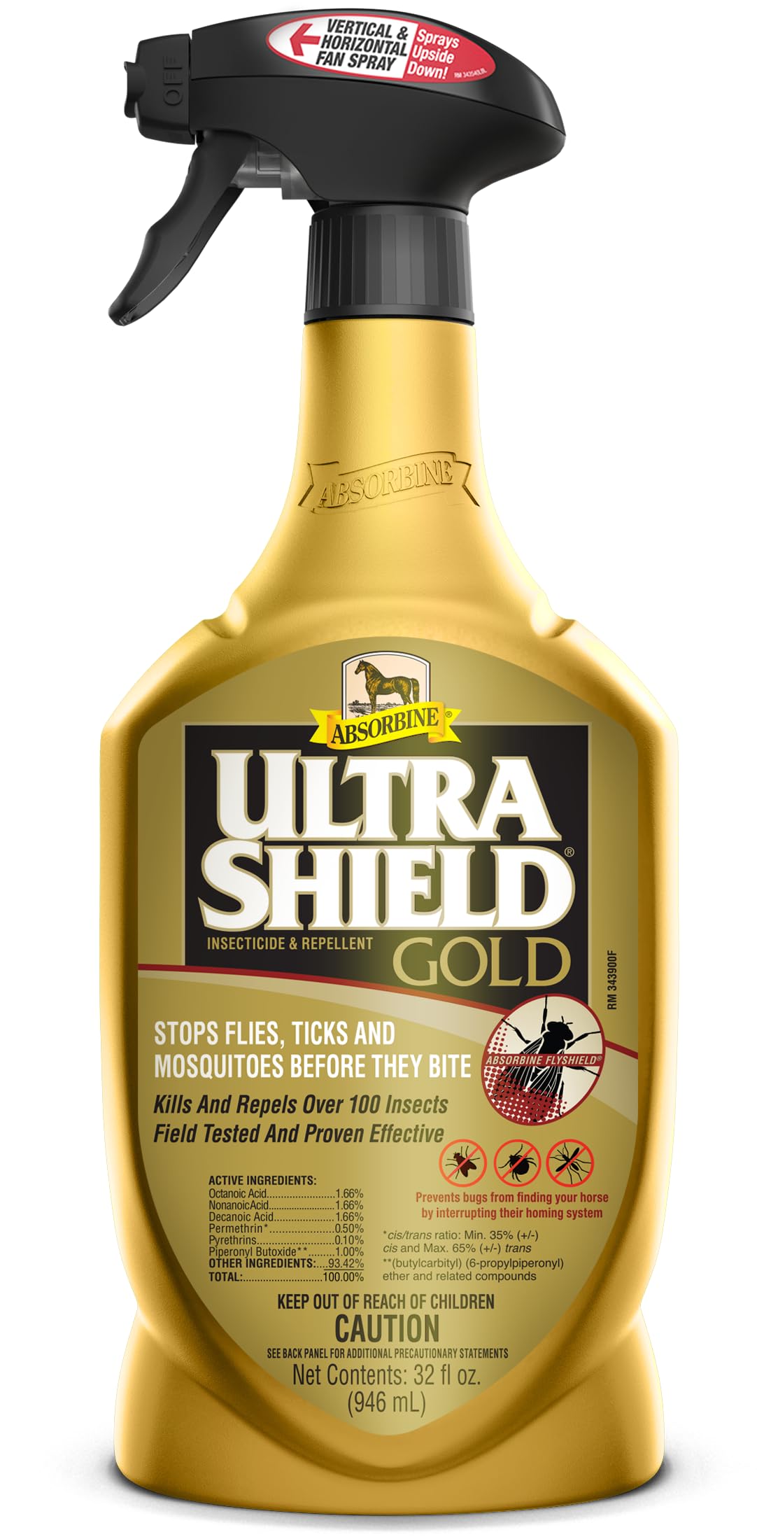Absorbine UltraShield Gold, bouteille anti-insectes prête à l'emploi, protège contre les moustiques et mouches.