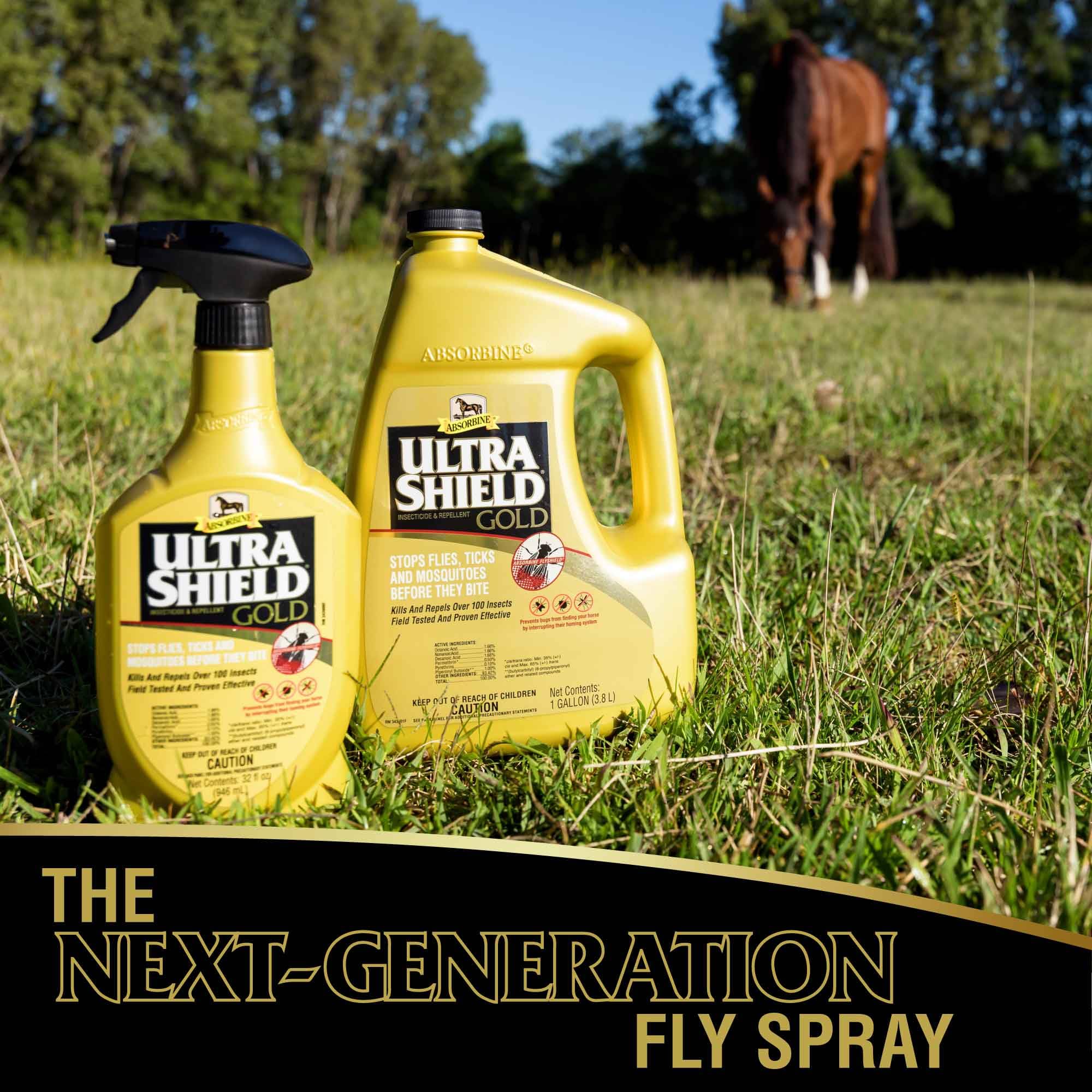 Absorbine UltraShield Gold, utilisation en extérieur sur cheval pour une protection durable.