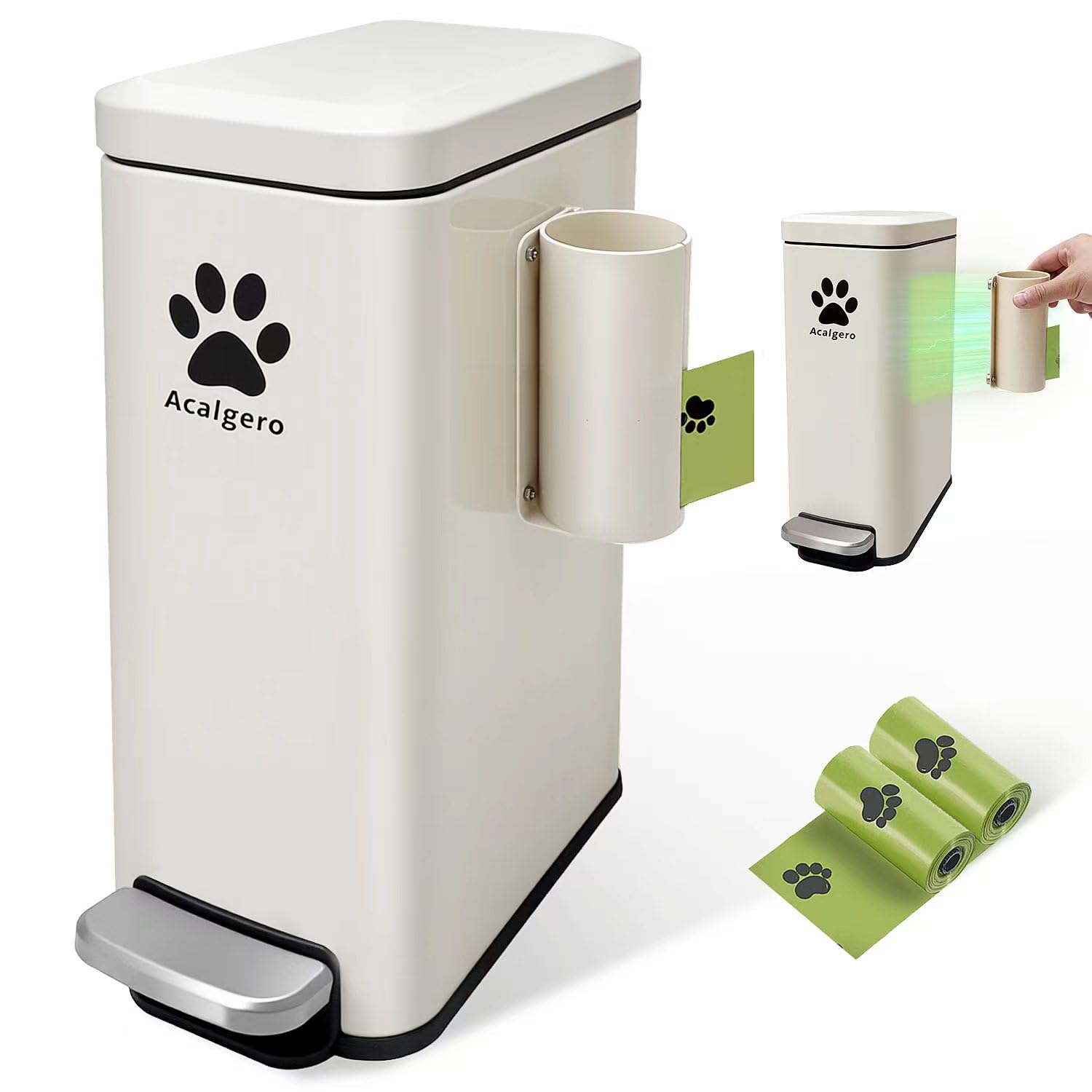 Poubelle extérieure Acalgero avec distributeur magnétique pour sacs, rangement pratique.