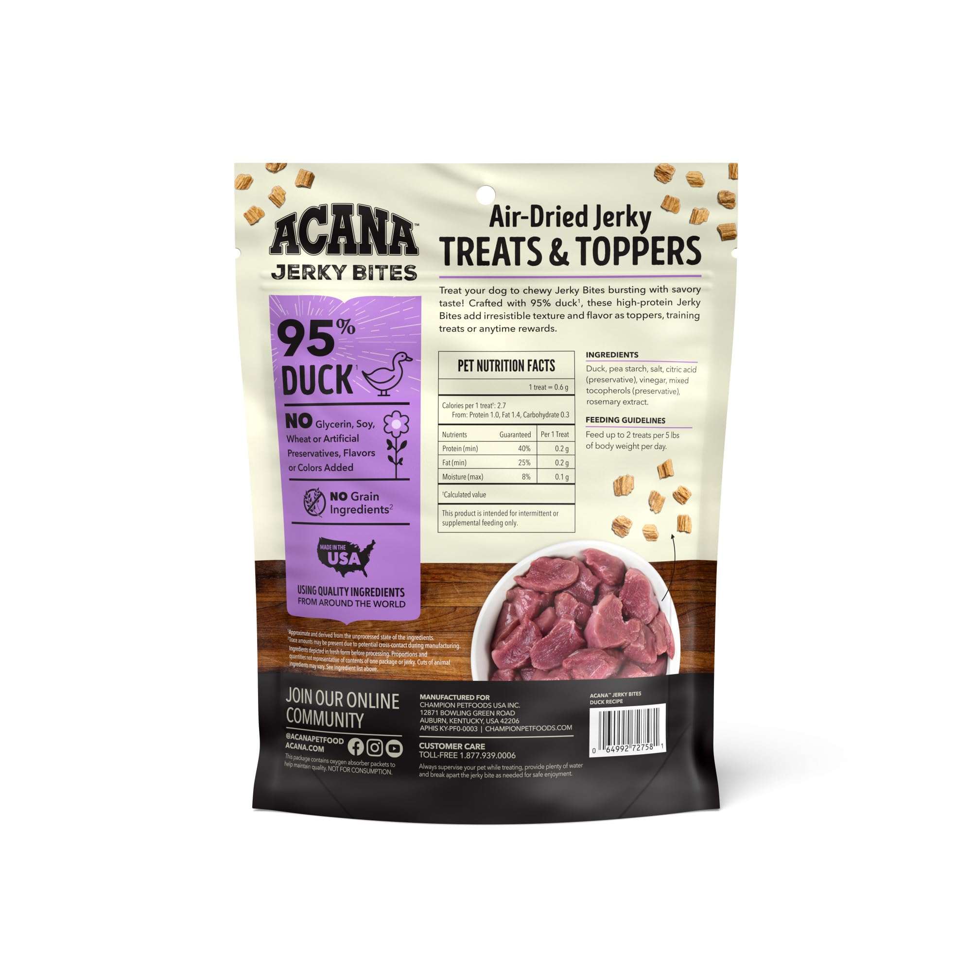 Bouchées ACANA Canard – texture tendre idéale pour récompenser pendant l'entraînement.