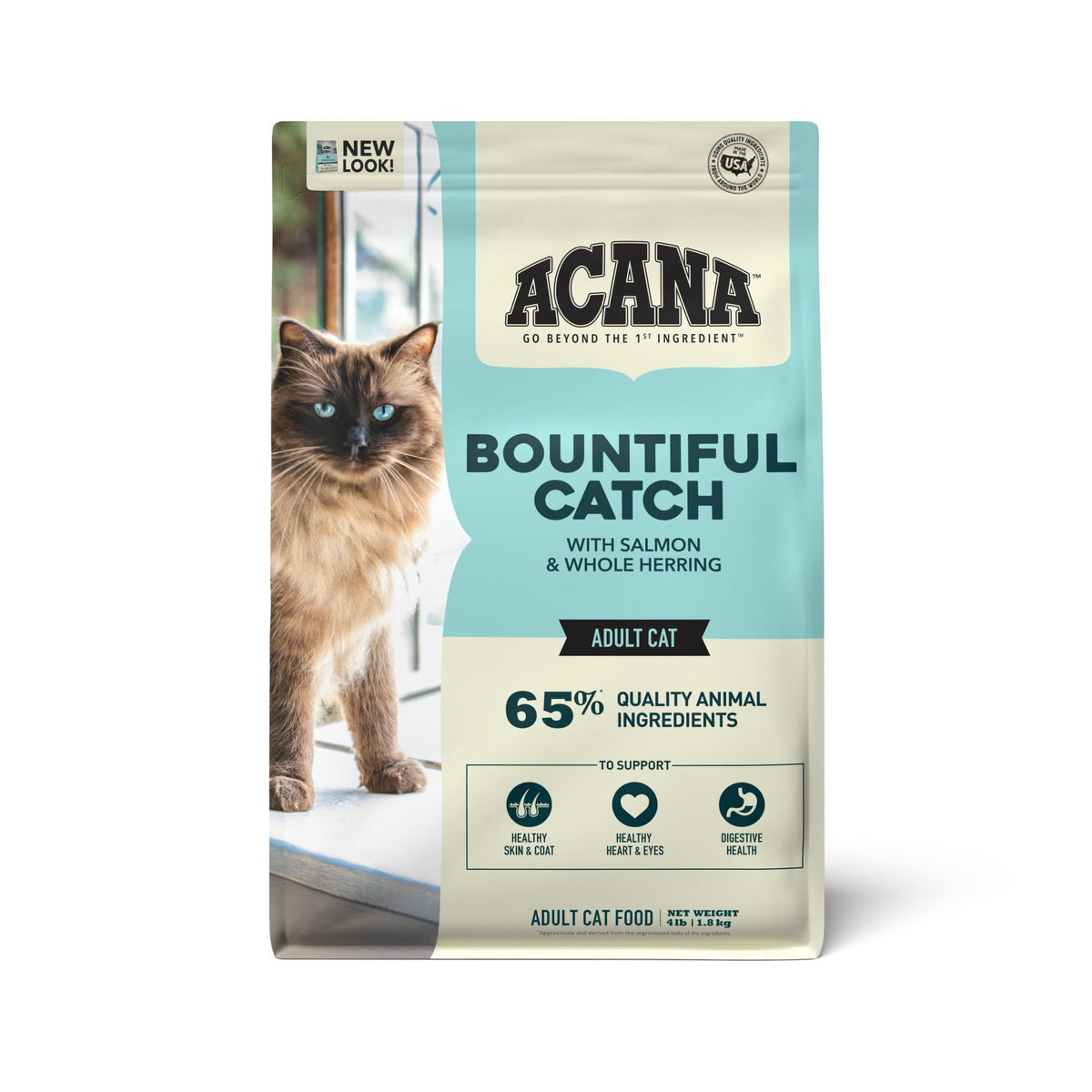 ACANA Bountiful Catch croquettes saumon et hareng, apport protéique élevé pour chats adultes.