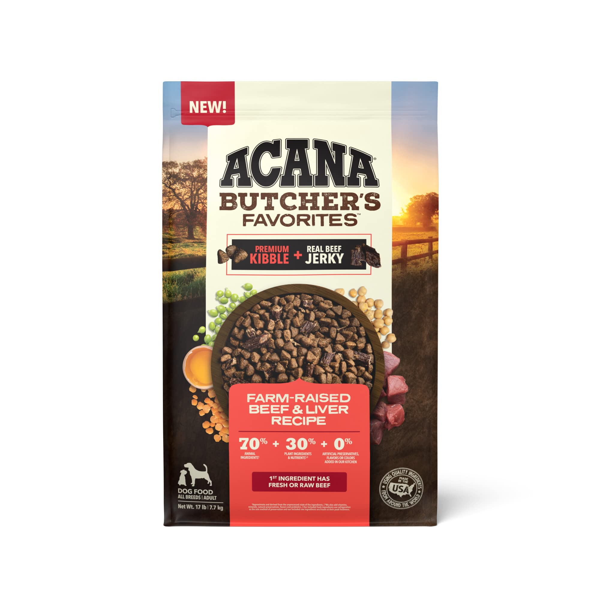 ACANA Butcher's Favorites sac de 17 lb, emballage pratique pour repas équilibré.